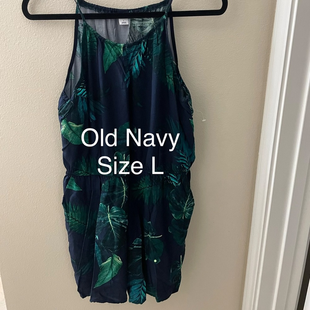 Old Navy Dark Blue Dress with Green Leaf Print
